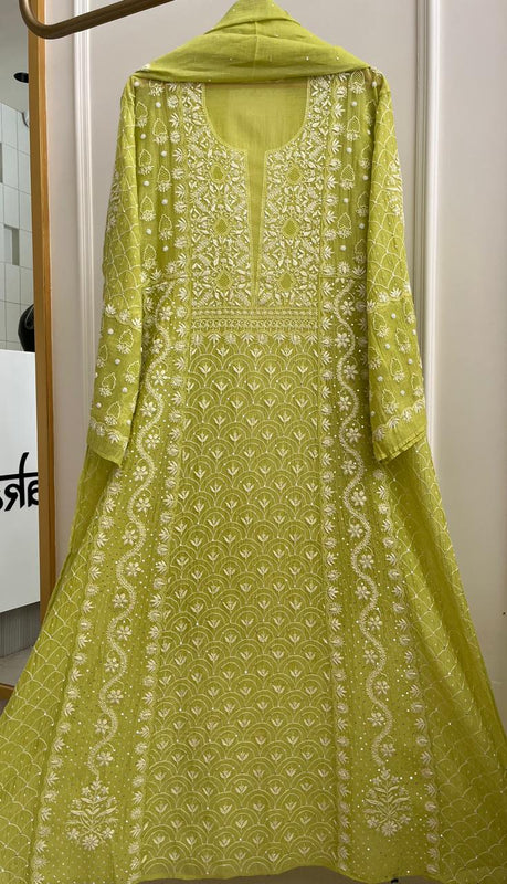 Mul Chanderi Kalidar Set with Pearl & Katdana Work