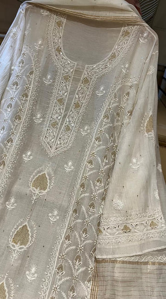 Pure Mul Chanderi Kurta Set with Pearl & Katdana Embroidery