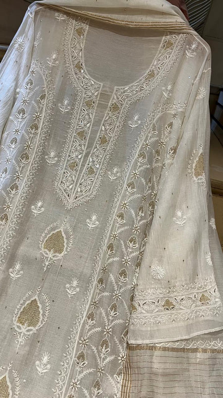Pure Mul Chanderi Kurta Set with Pearl & Katdana Embroidery