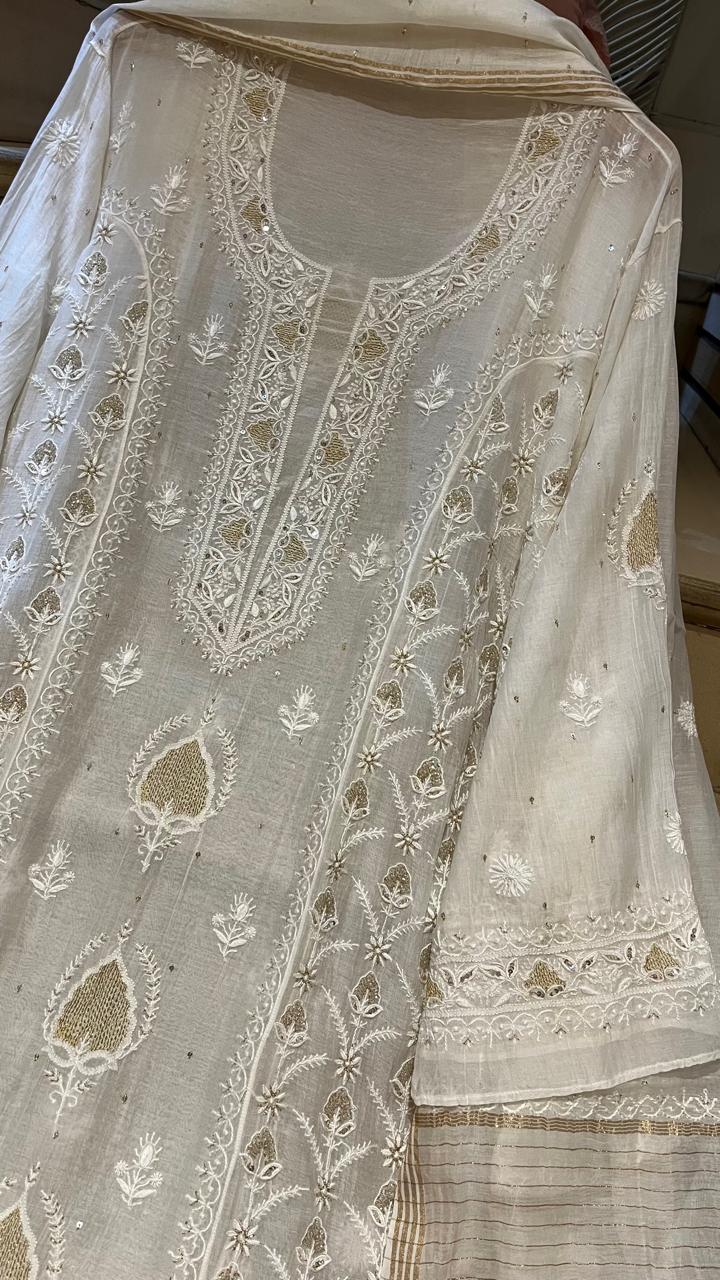 Pure Mul Chanderi Kurta Set with Pearl & Katdana Embroidery