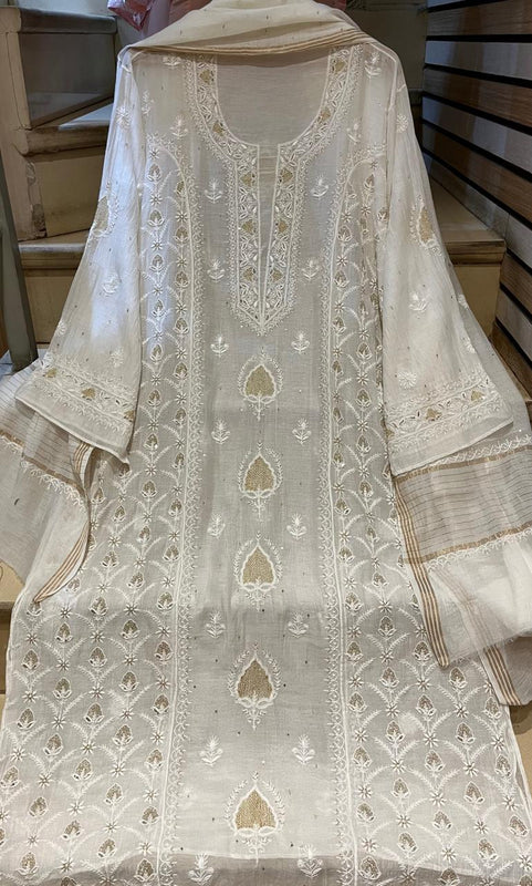Pure Mul Chanderi Kurta Set with Pearl & Katdana Embroidery