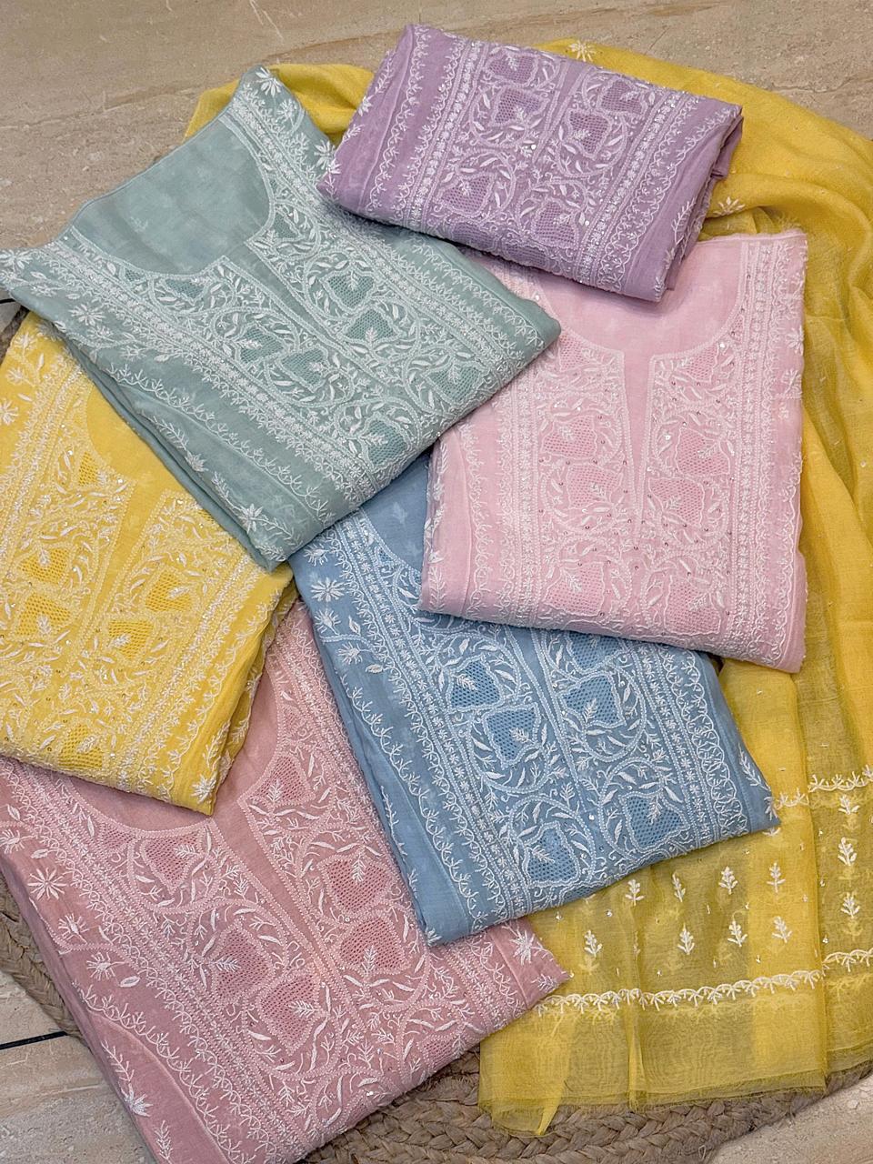 Mul Chanderi Anarkali Set with Pearl & Katdana Embroidery