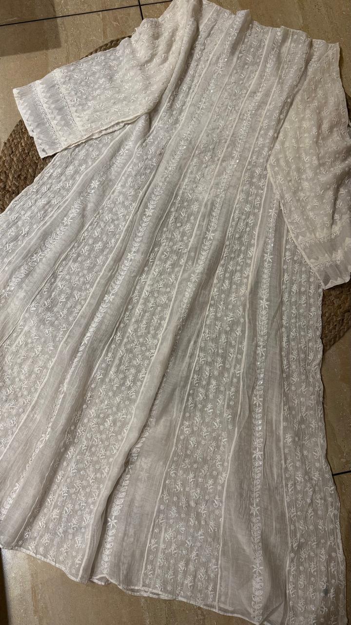 Mul Chanderi Anarkali Set with Jaal Dupatta & Katdana Work