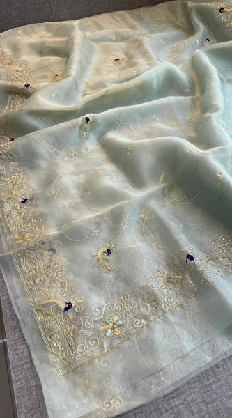 Embroidered Soft Organza Silk Saree with Resham & Pearl Work