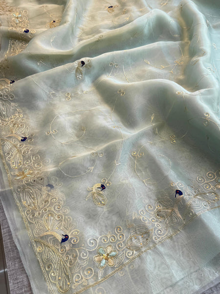 Embroidered Soft Organza Silk Saree with Resham & Pearl Work