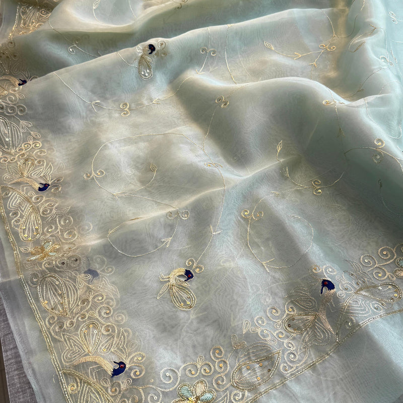 Embroidered Soft Organza Silk Saree with Resham & Pearl Work