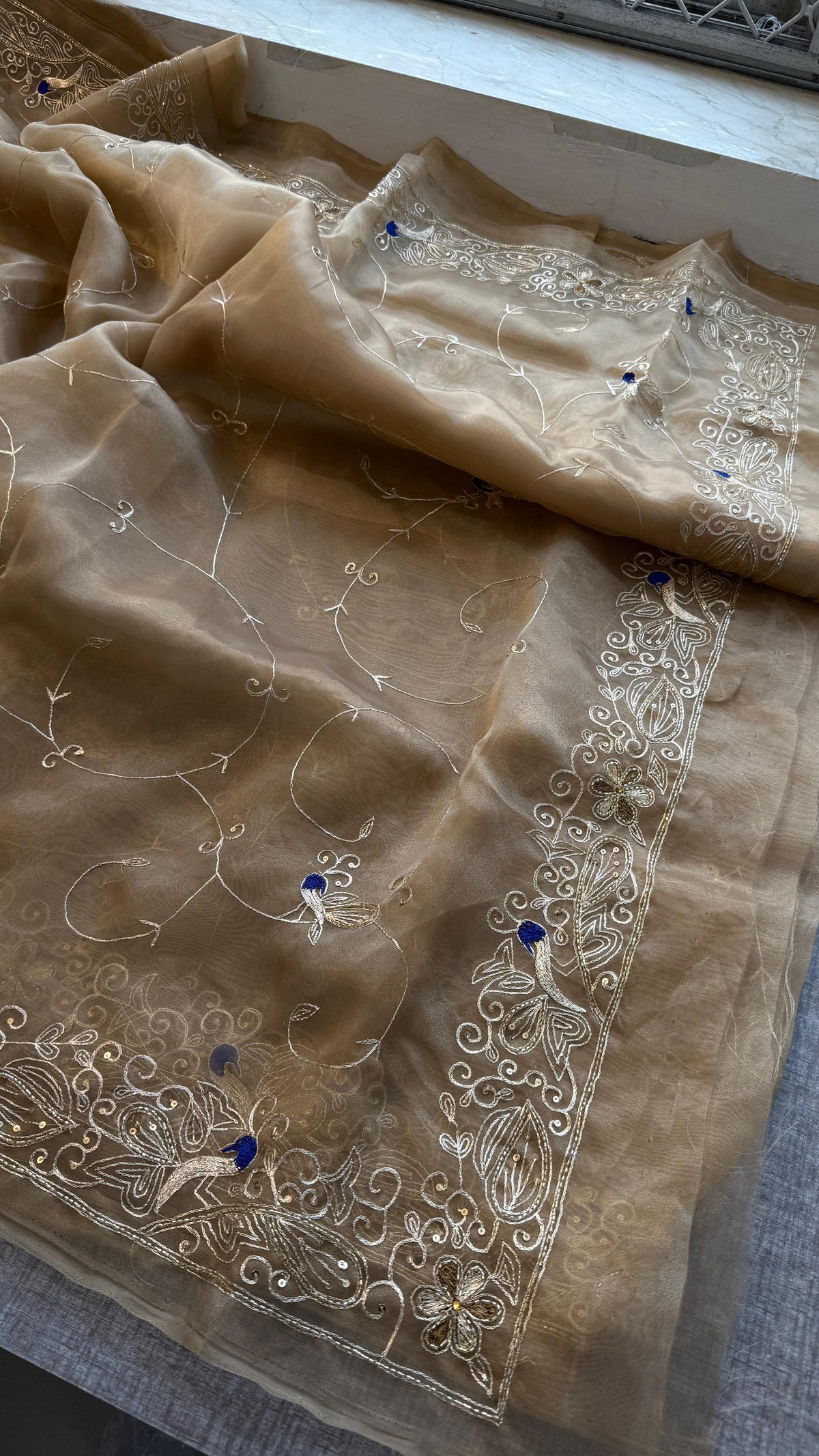Embroidered Soft Organza Silk Saree with Resham & Pearl Work