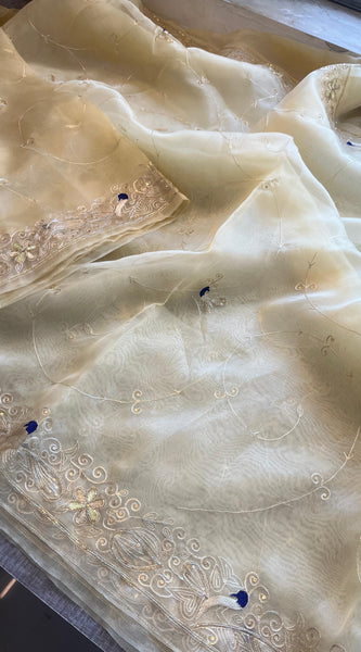 Embroidered Soft Organza Silk Saree with Resham & Pearl Work