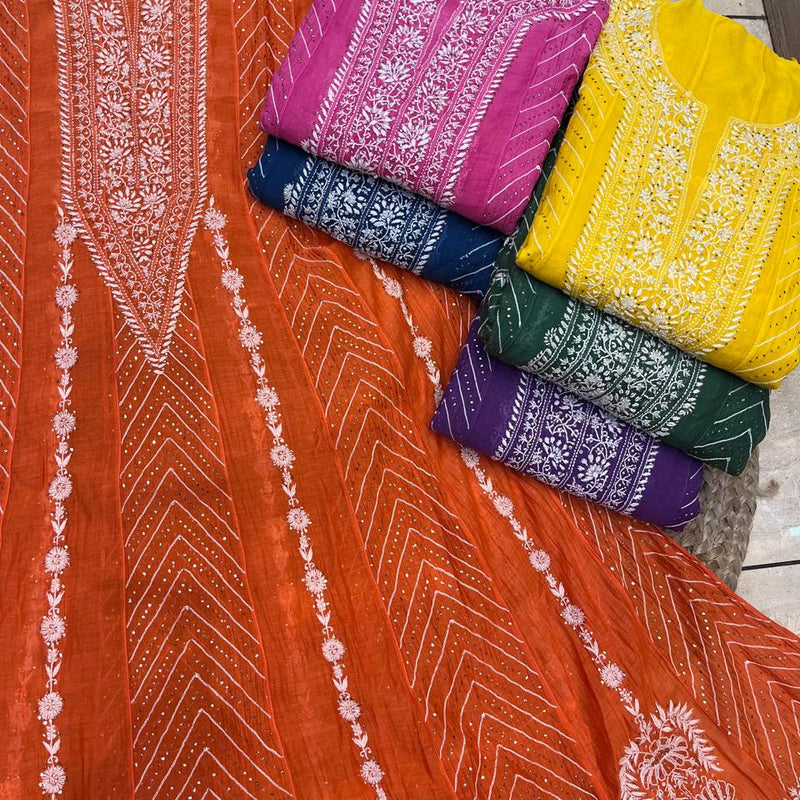 Mul Chanderi Anarkali Suit Set with Mukaish Embroidery