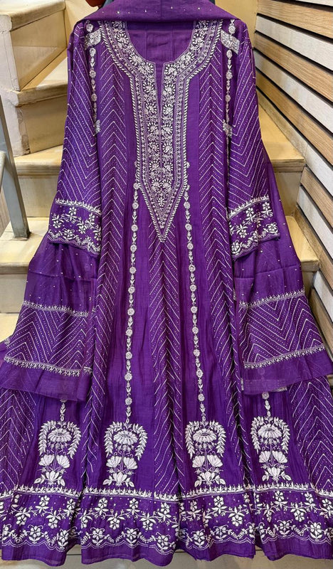 Mul Chanderi Anarkali Suit Set with Mukaish Embroidery