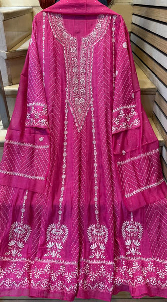 Mul Chanderi Anarkali Suit Set with Mukaish Embroidery