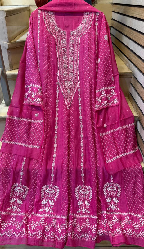 Mul Chanderi Anarkali Suit Set with Mukaish Embroidery