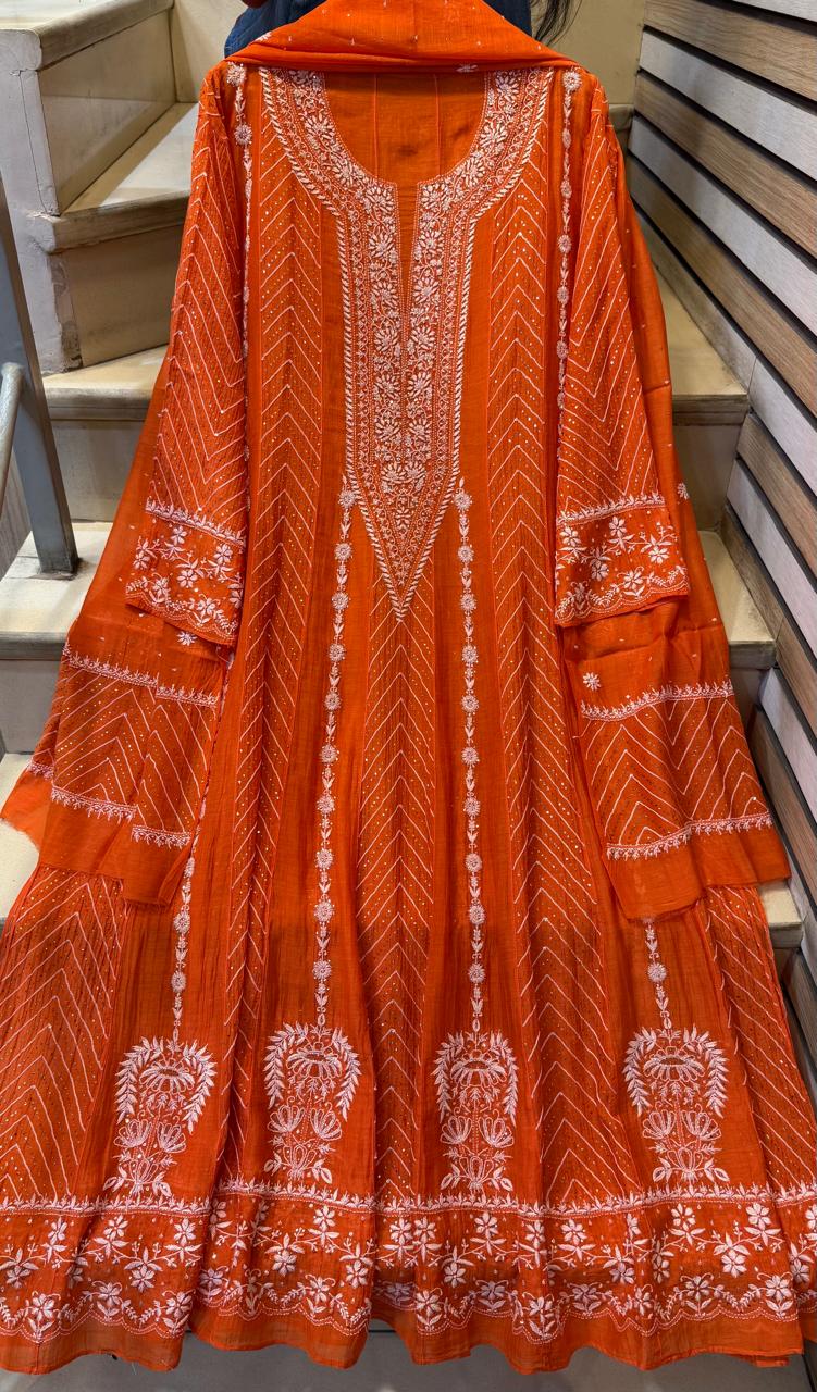 Mul Chanderi Anarkali Suit Set with Mukaish Embroidery