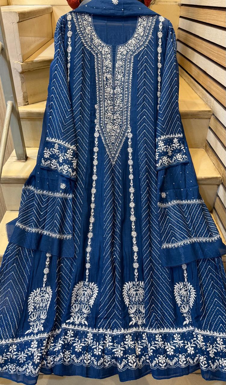 Mul Chanderi Anarkali Suit Set with Mukaish Embroidery