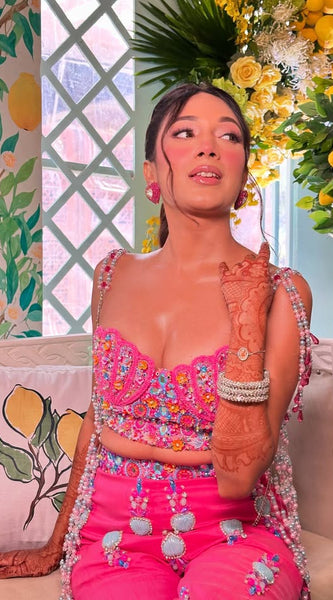 Fuchsia Multicolor Embellished Blouse & Plazo Set