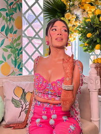Fuchsia Multicolor Embellished Blouse & Plazo Set