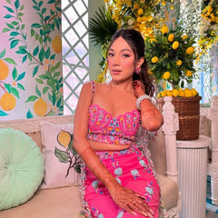 Fuchsia Multicolor Embellished Blouse & Plazo Set