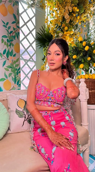 Fuchsia Multicolor Embellished Blouse & Plazo Set