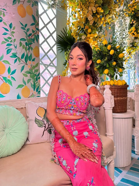 Fuchsia Multicolor Embellished Blouse & Plazo Set