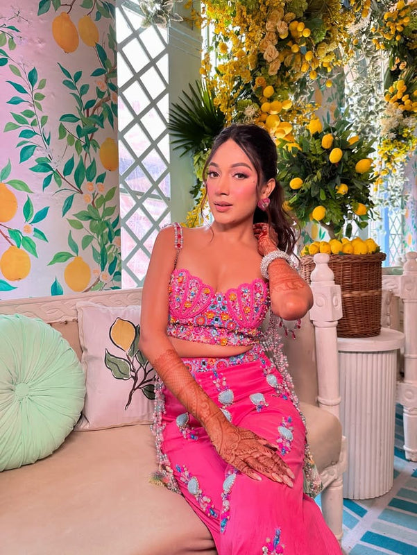 Fuchsia Multicolor Embellished Blouse & Plazo Set