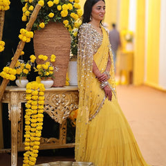 Yellow Embellished Blouse & Fishtail Skirt Set with Cape