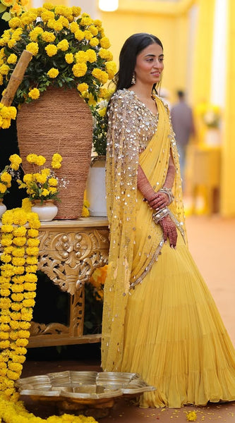 Yellow Embellished Blouse & Fishtail Skirt Set with Cape