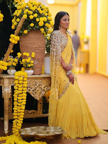 Yellow Embellished Blouse & Fishtail Skirt Set with Cape