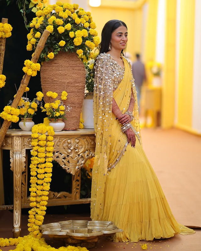 Yellow Embellished Blouse & Fishtail Skirt Set with Cape
