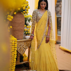 Yellow Embellished Blouse & Fishtail Skirt Set with Cape