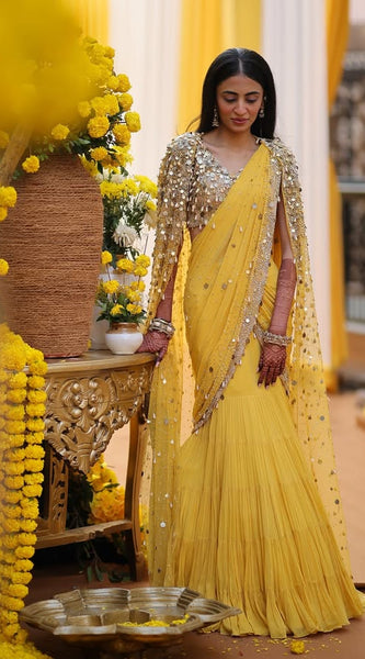 Yellow Embellished Blouse & Fishtail Skirt Set with Cape