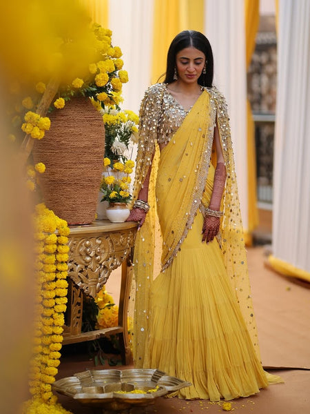 Yellow Embellished Blouse & Fishtail Skirt Set with Cape
