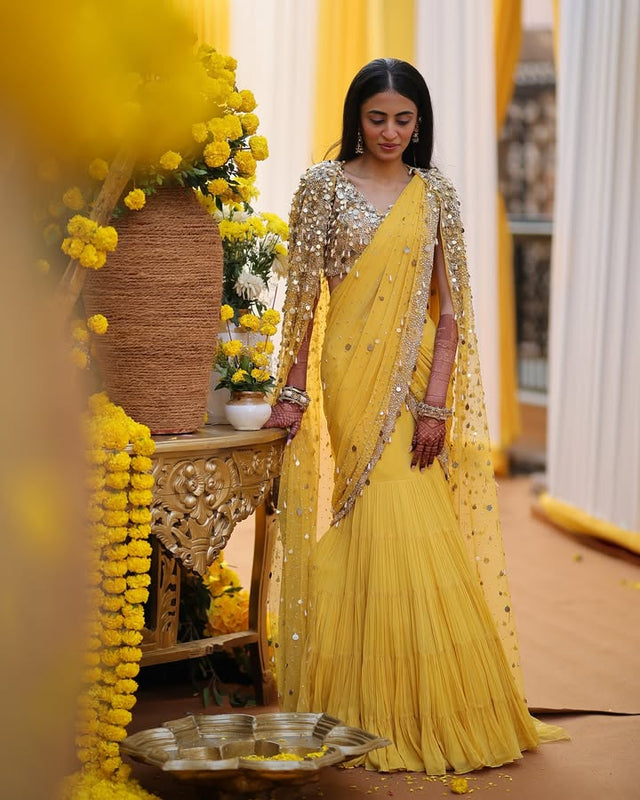 Yellow Embellished Blouse & Fishtail Skirt Set with Cape