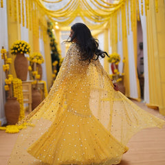Yellow Embellished Blouse & Fishtail Skirt Set with Cape
