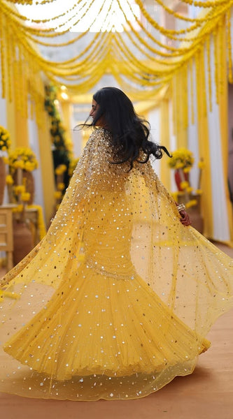 Yellow Embellished Blouse & Fishtail Skirt Set with Cape