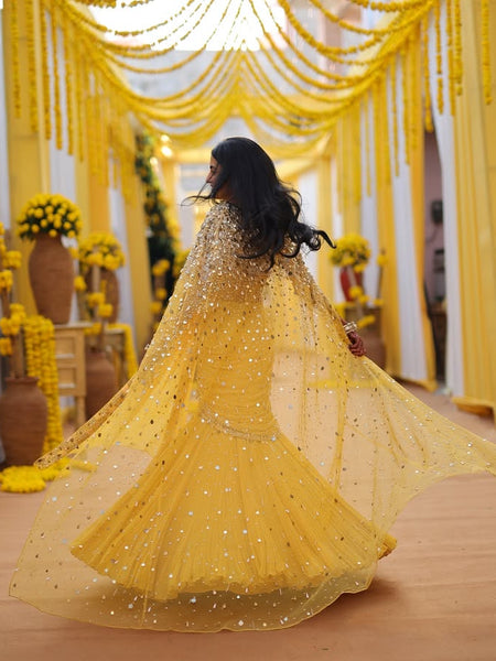 Yellow Embellished Blouse & Fishtail Skirt Set with Cape