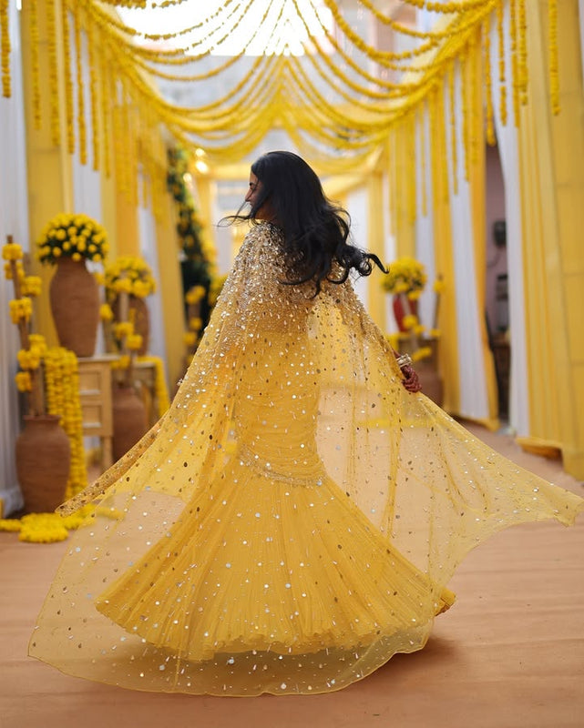 Yellow Embellished Blouse & Fishtail Skirt Set with Cape