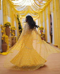 Yellow Embellished Blouse & Fishtail Skirt Set with Cape