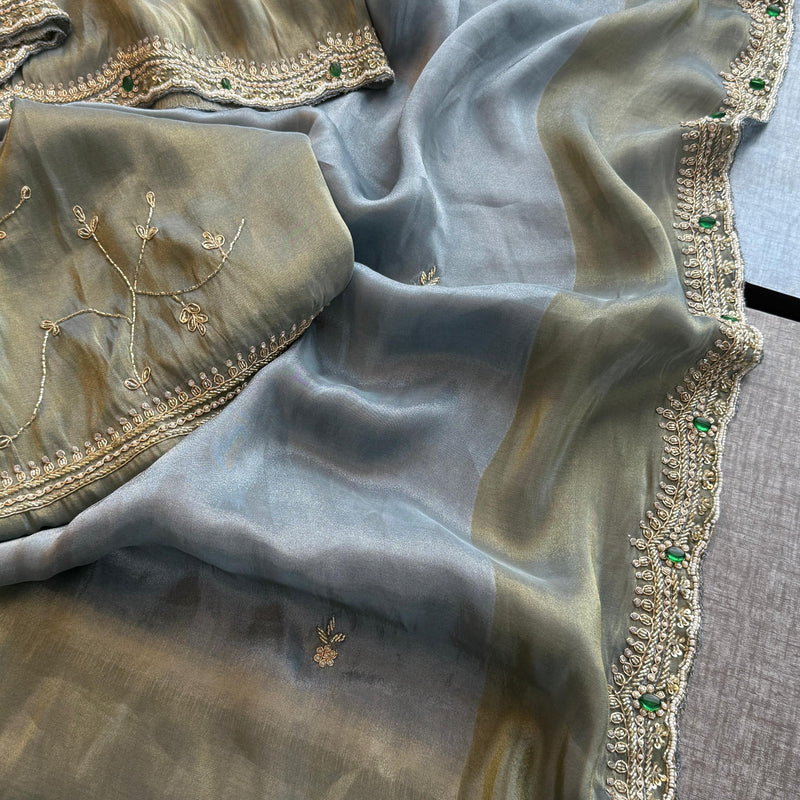Soft Tissue Munga Silk Saree with Zardozi Embellishment