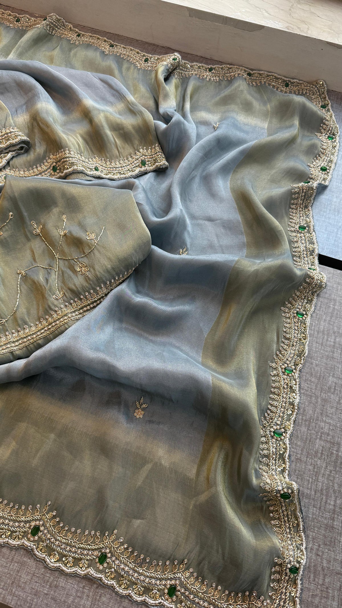 Soft Tissue Munga Silk Saree with Zardozi Embellishment