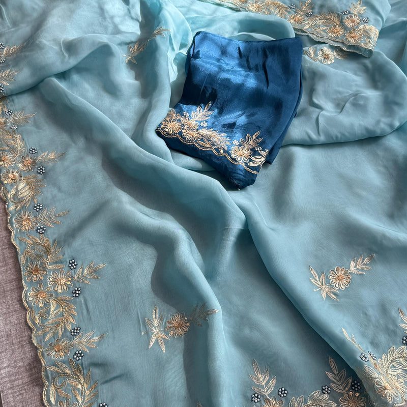 Soft Organza Silk Saree with Kasab & Pearl Detailing