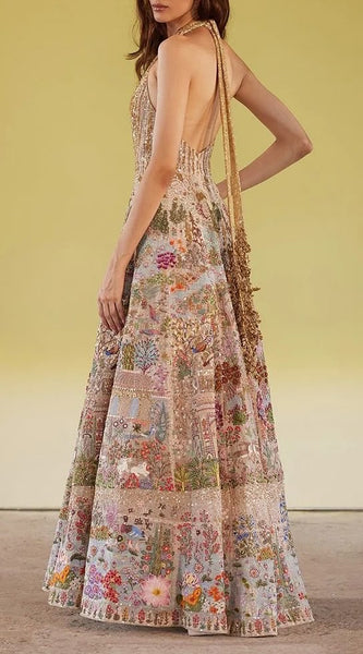 Multicoloured Embroidered Halter Gown