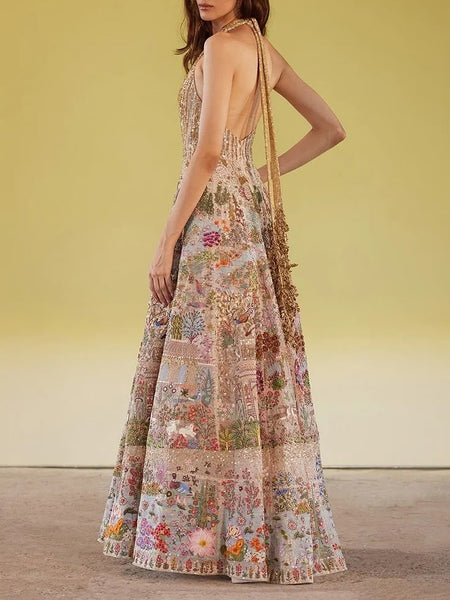 Multicoloured Embroidered Halter Gown