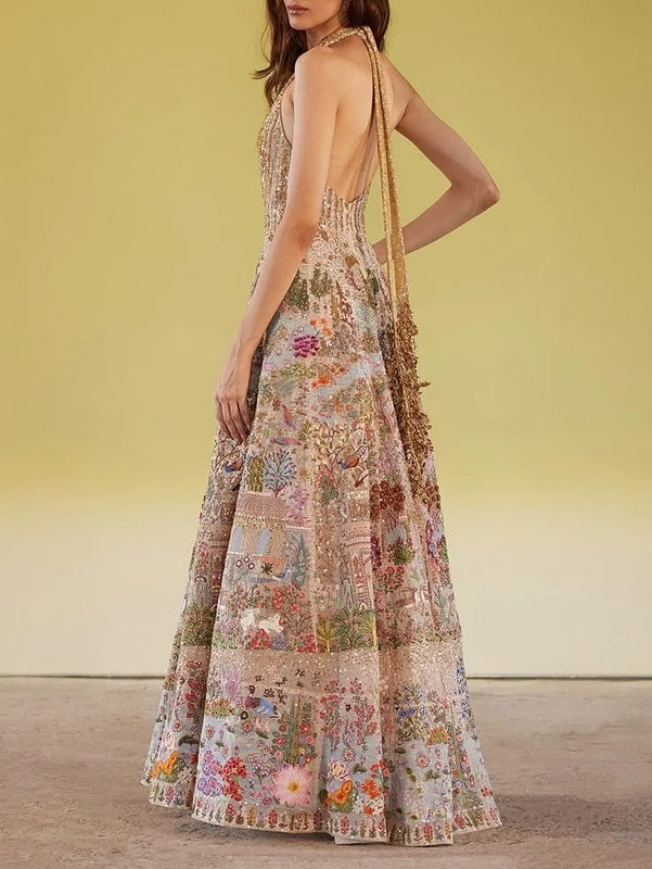 Multicoloured Embroidered Halter Gown