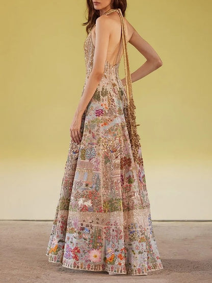 Multicoloured Embroidered Halter Gown