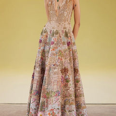 Multicoloured Embroidered Halter Gown