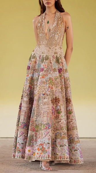 Multicoloured Embroidered Halter Gown