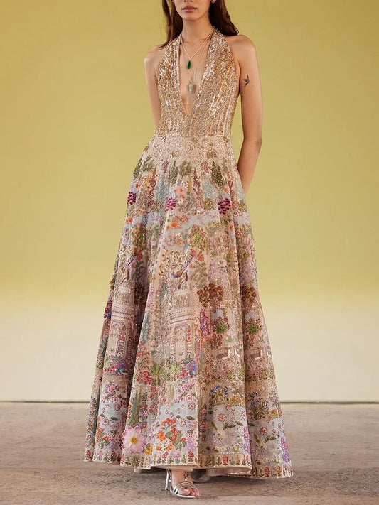 Multicoloured Embroidered Halter Gown