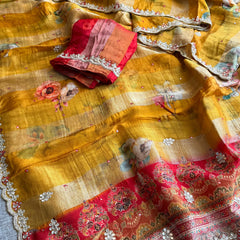 Digital Print Tissue Munga Silk Saree with Kasab Embroidery
