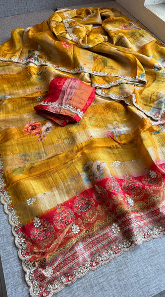 Digital Print Tissue Munga Silk Saree with Kasab Embroidery