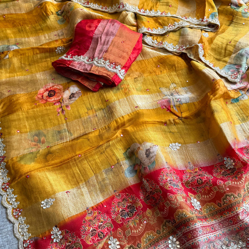 Digital Print Tissue Munga Silk Saree with Kasab Embroidery